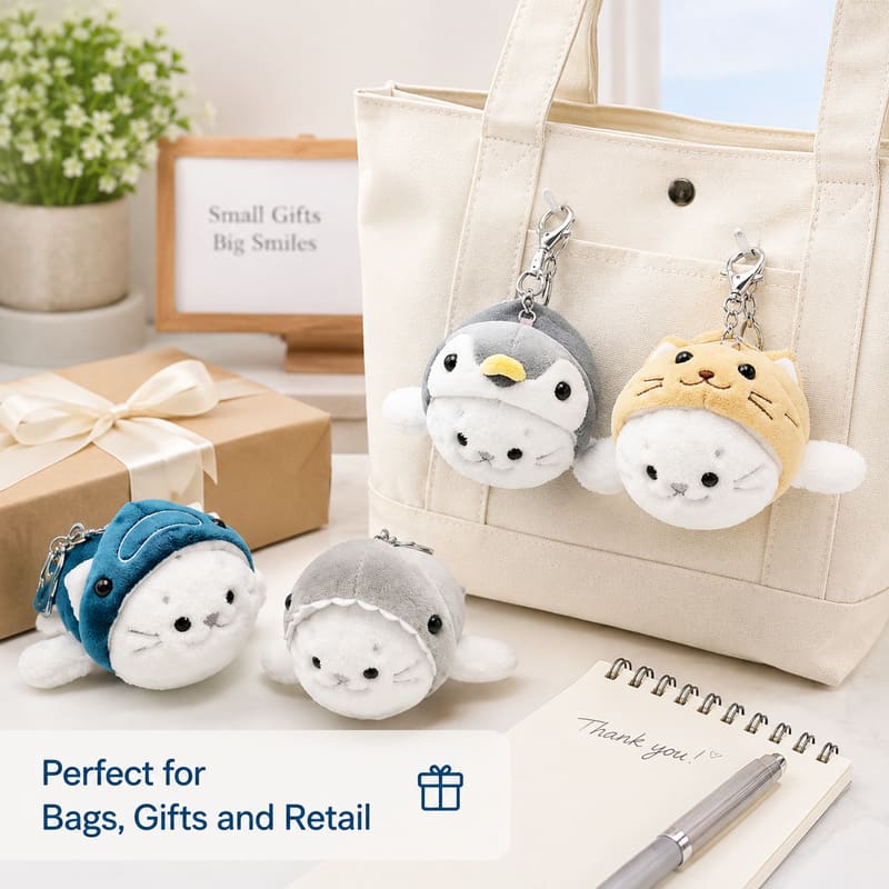 Tiger costume seal plush keychain stitching detail