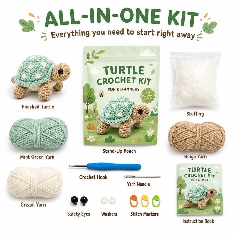 Turtle amigurumi crochet kit for beginners front side back view