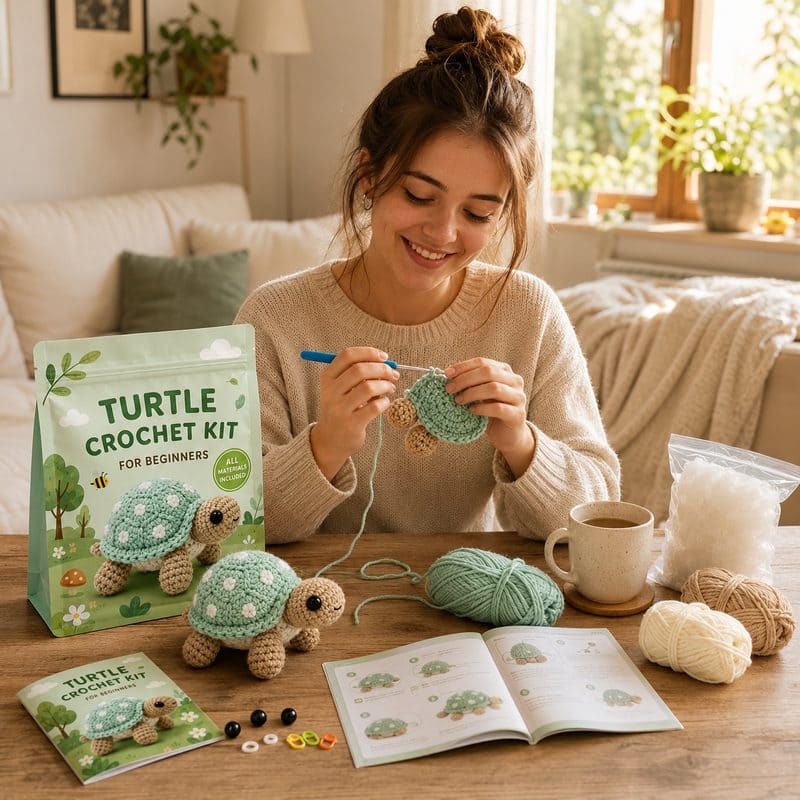 Turtle amigurumi crochet kit for beginners stitching detail