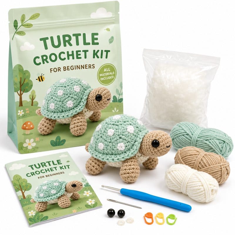 Turtle amigurumi crochet kit for beginners front view
