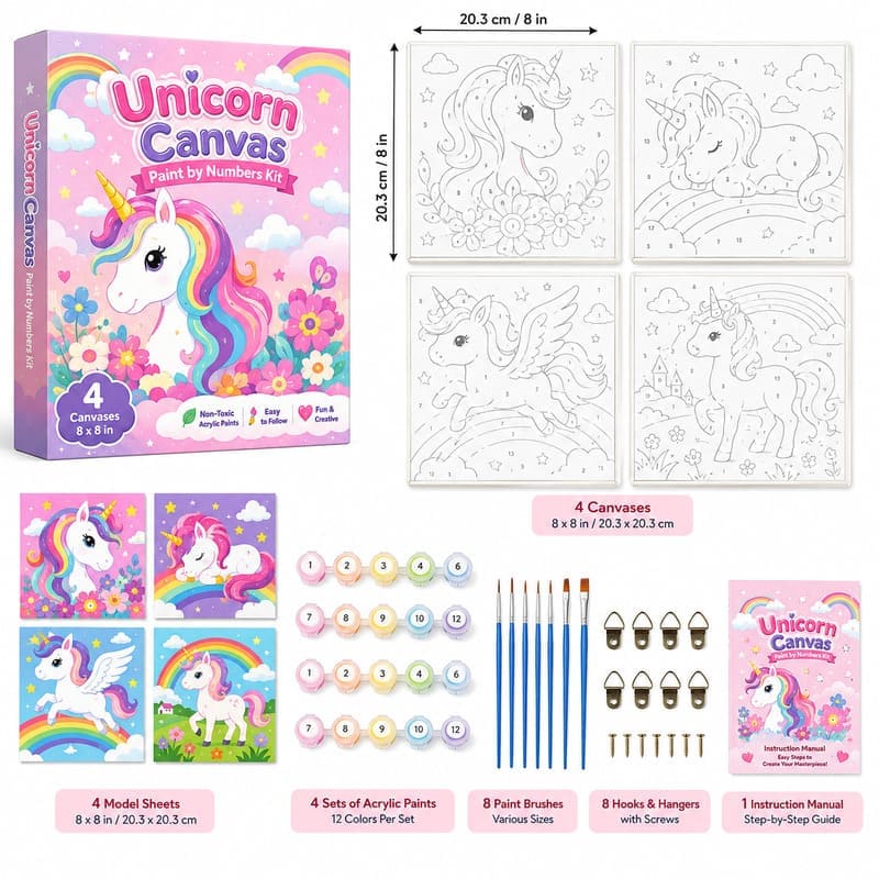 Unicorn four-canvas painting kit for kids front side back view