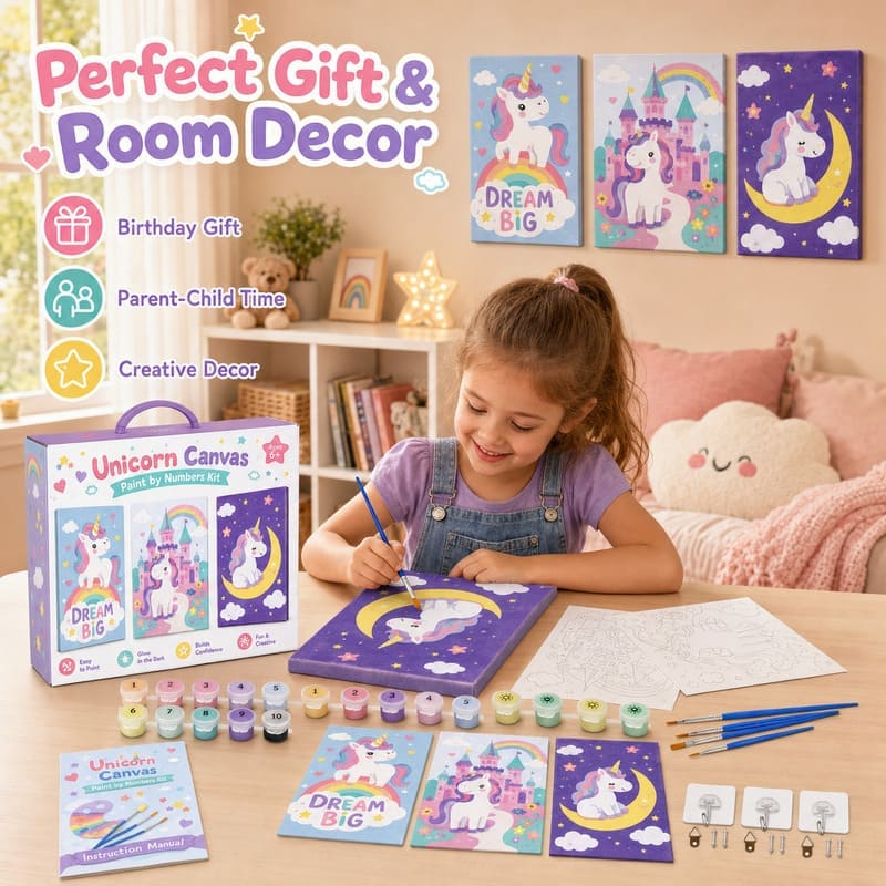 Unicorn three-canvas painting kit for kids stitching detail