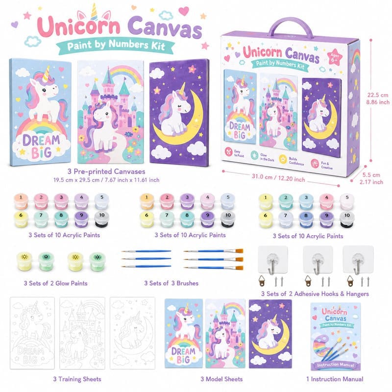 Unicorn three-canvas painting kit for kids front side back view