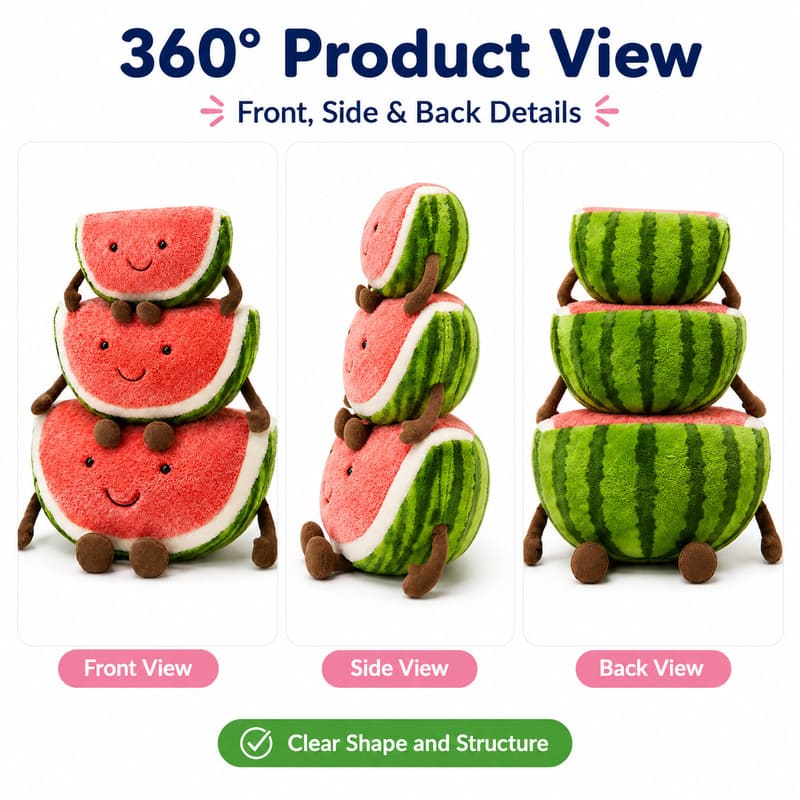 Watermelon plush toy stack front side back view