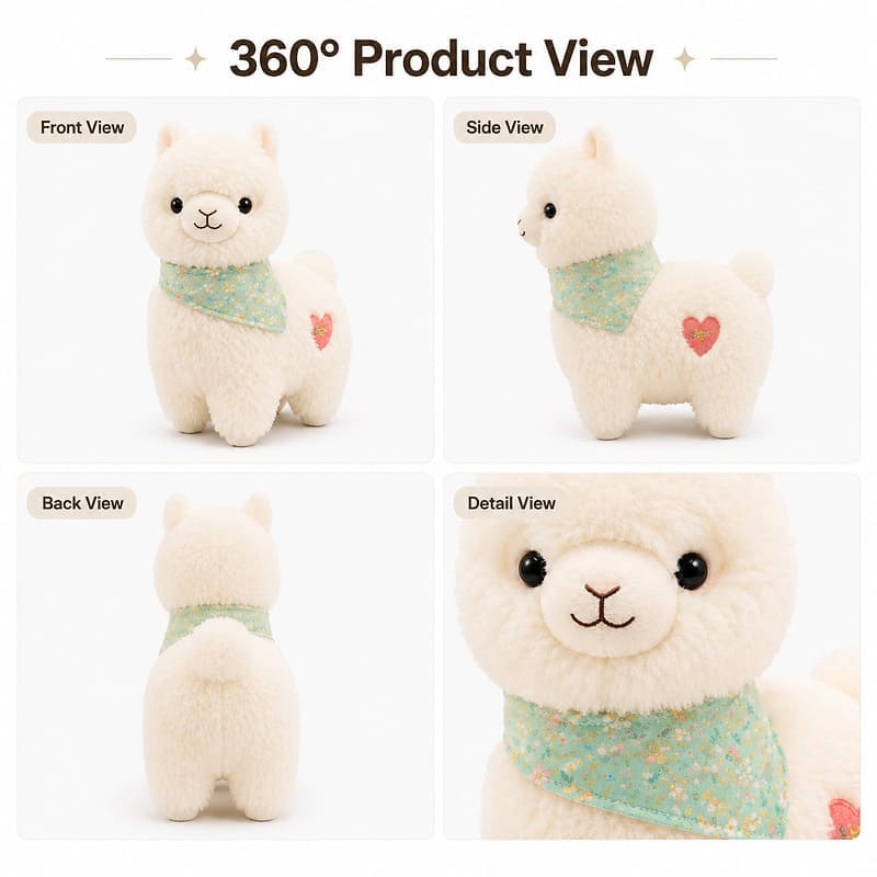 White alpaca plush toy front side back view