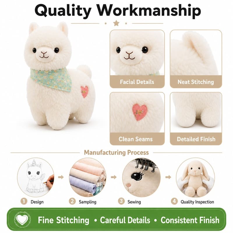 White alpaca plush toy embroidered detail