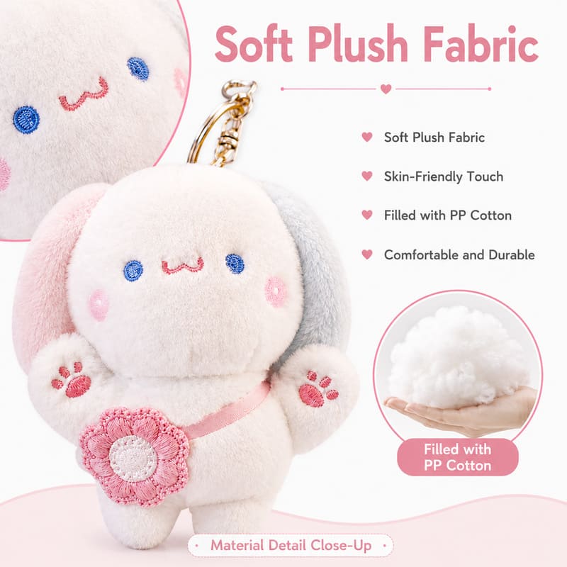 White bunny flower bag plush keychain size reference