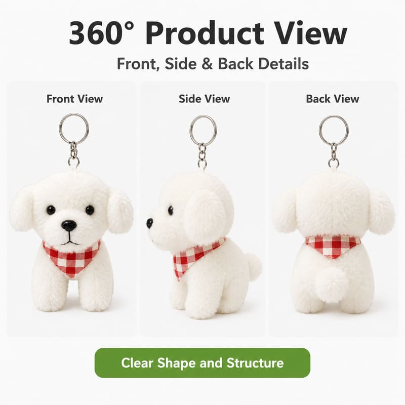 White dog plush keychain front side back view