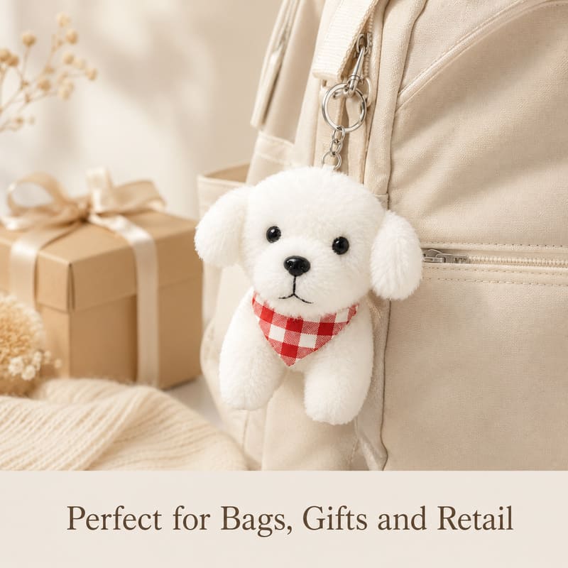 White dog plush keychain stitching detail