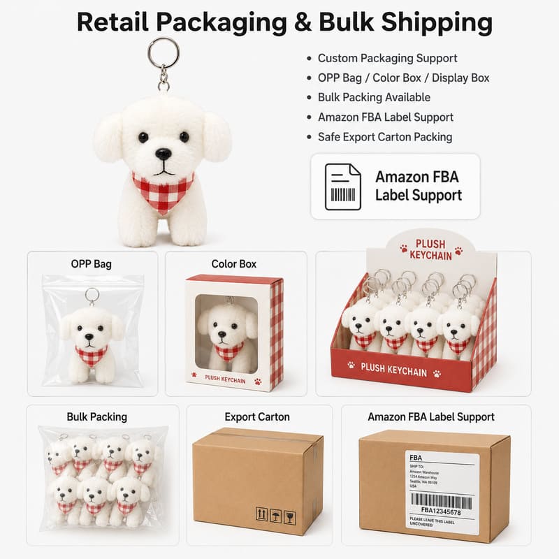 White dog plush keychain design detail