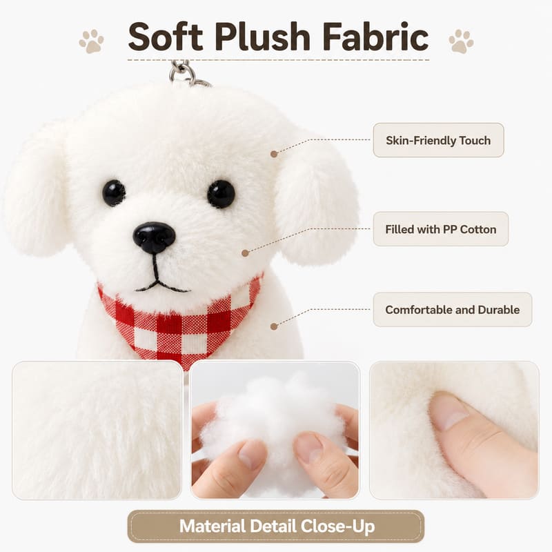 White dog plush keychain size reference
