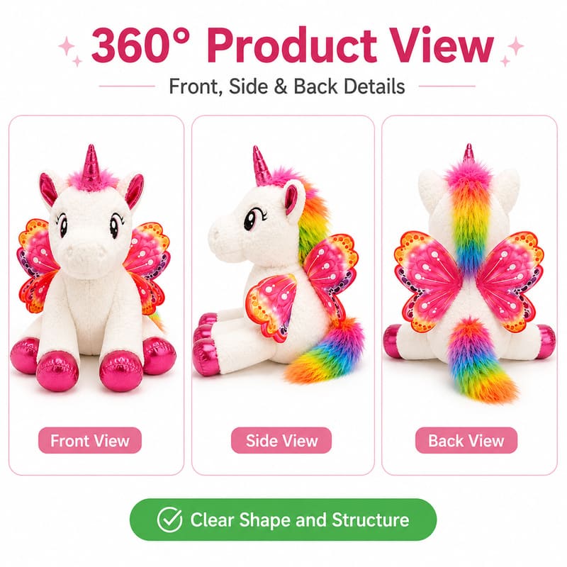 White floral winged unicorn plush toy for custom retail and oem plush collections front side back view