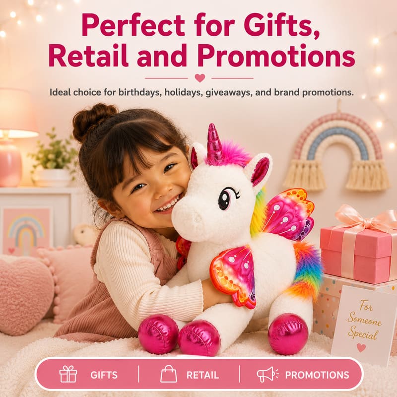 White floral winged unicorn plush toy for custom retail and oem plush collections stitching detail