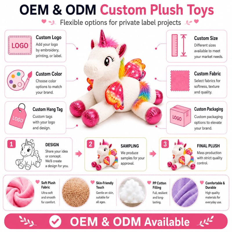 White floral winged unicorn plush toy for custom retail and oem plush collections embroidered detail