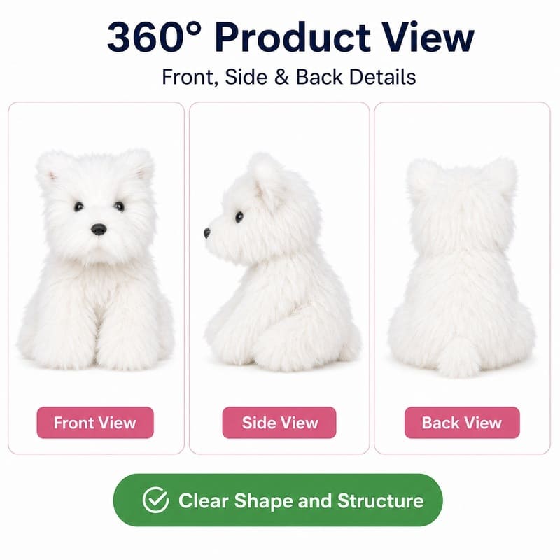 White terrier plush toy front side back view