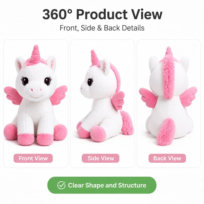 Winged unicorn plush toy front side back view