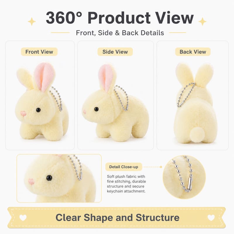 Yellow bunny plush keychain front side back view