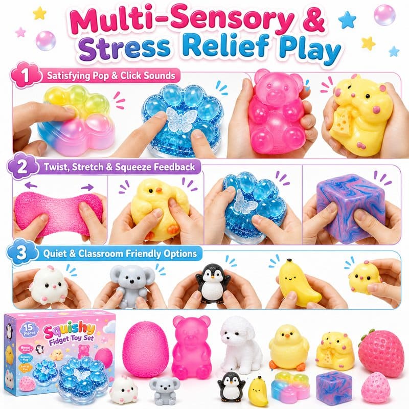 15-Piece Squishy Fidget Toy Set size and dimensions