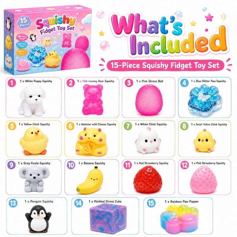 15-Piece Squishy Fidget Toy Set kit contents view