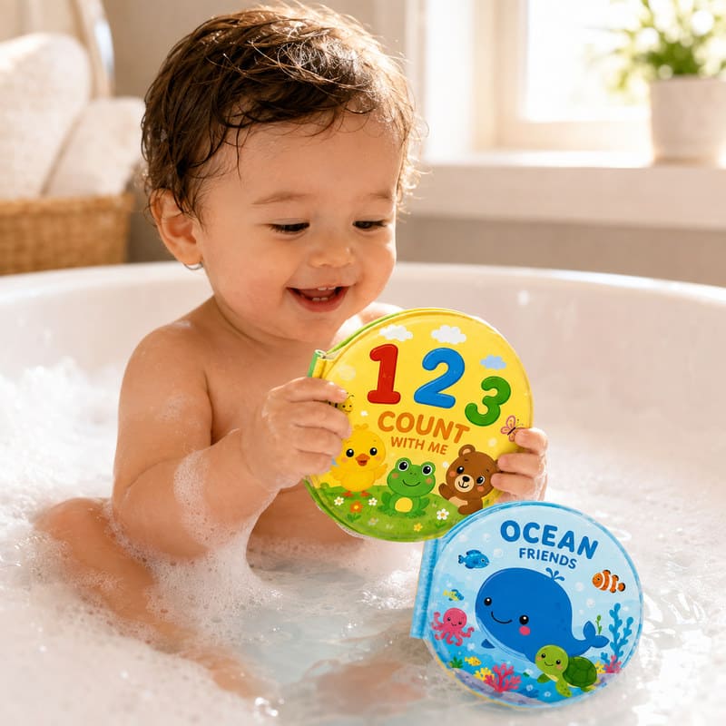 Custom 3-Piece Round Learning Bath Book Set – Waterproof Color Changing custom artwork and logo detail