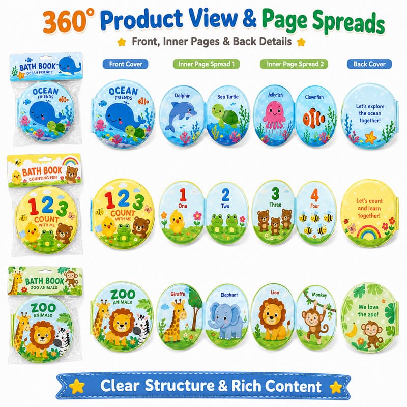 Custom 3-Piece Round Learning Bath Book Set – Waterproof Color Changing cover and page view