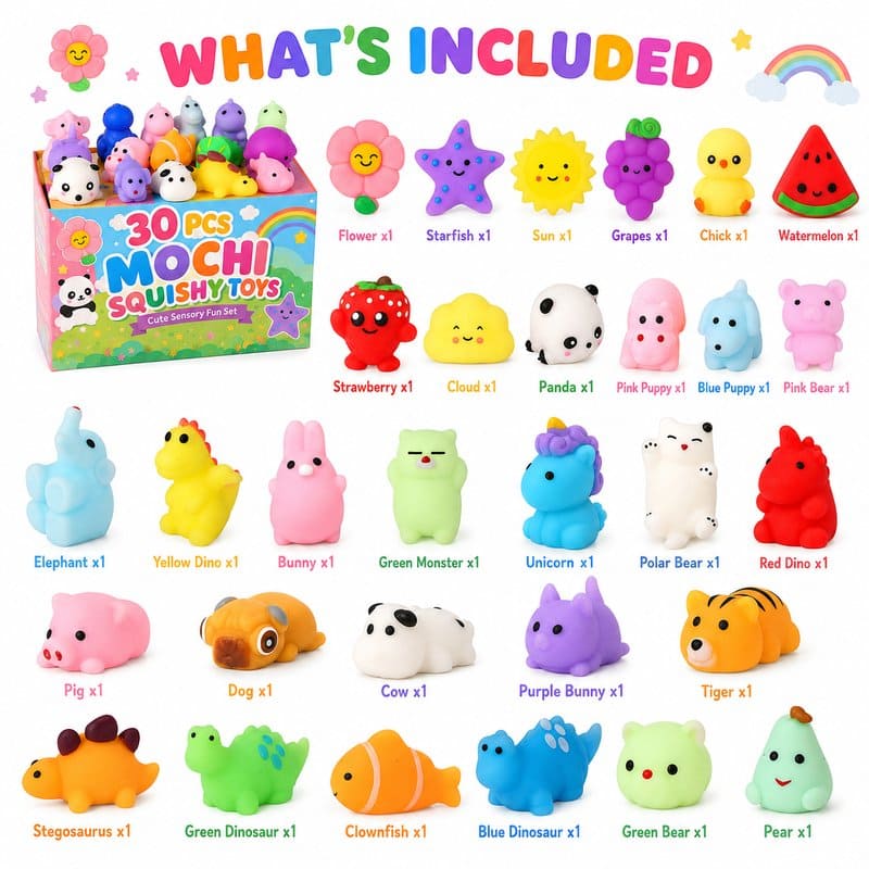 30-Piece Mochi Squishy Toy Set kit contents view