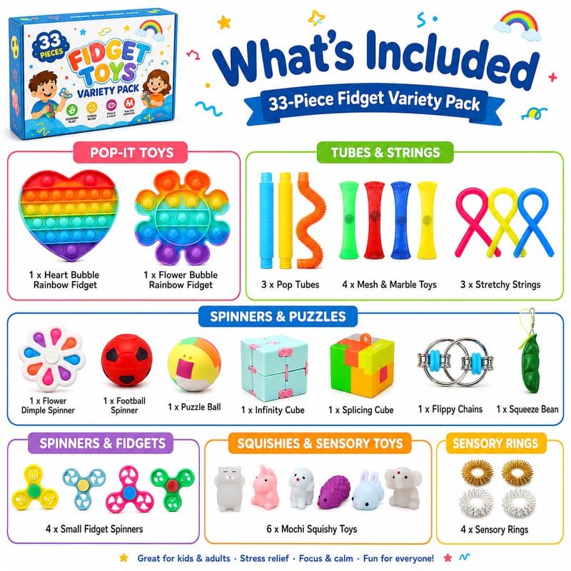 33-Piece Fidget Toy Variety Pack kit contents view