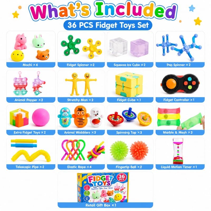 36-Piece Fidget Toy Variety Pack kit contents view