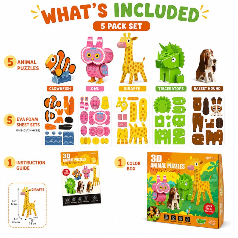 3D Animal EVA Foam Puzzle Set puzzle pieces and layout view