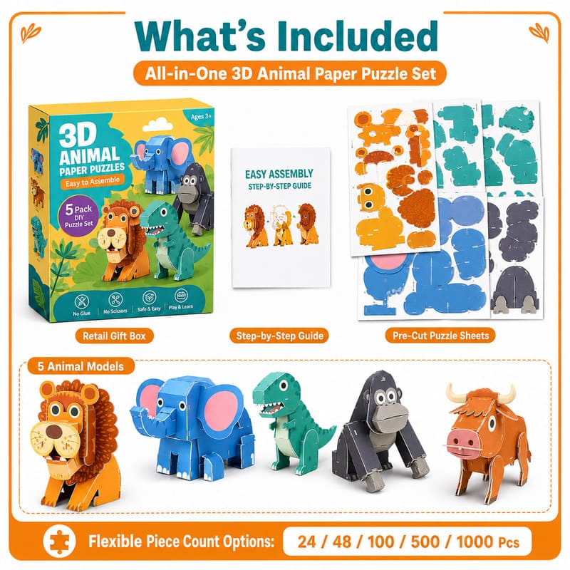 3D Animal Paper Puzzle Set puzzle pieces and layout view