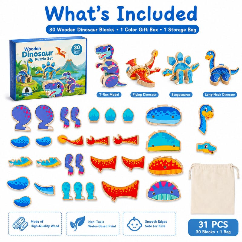 3D Dinosaur Wooden Puzzle Set puzzle pieces and layout view