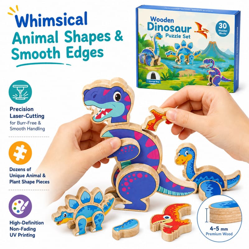3D Dinosaur Wooden Puzzle Set size and dimensions