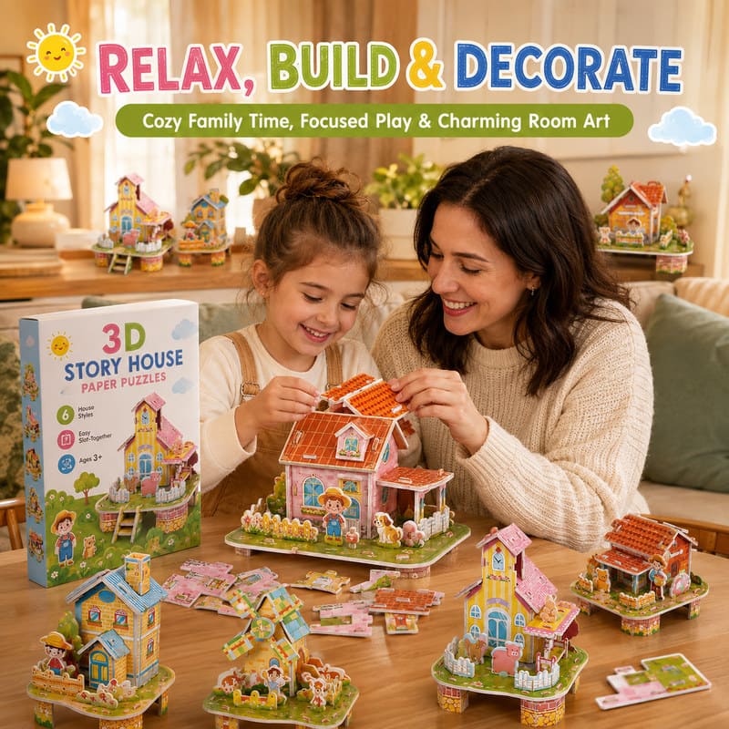 3D Story House Paper Puzzle Set completed puzzle view