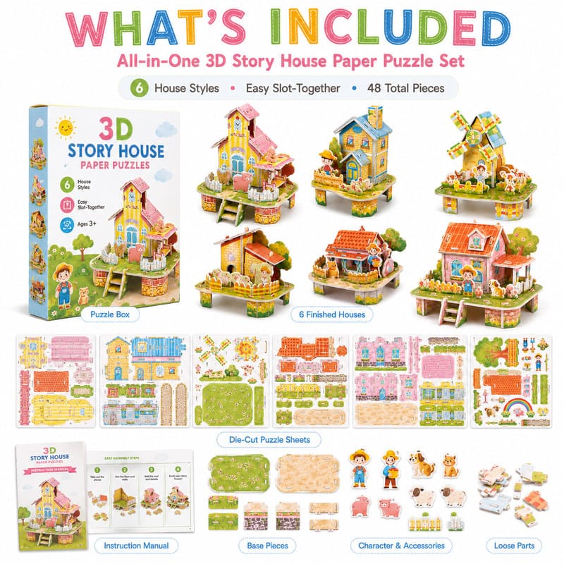 3D Story House Paper Puzzle Set puzzle pieces and layout view