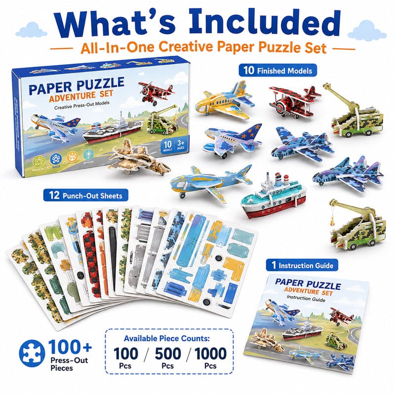 3D Vehicle Adventure Paper Puzzle Set puzzle pieces and layout view