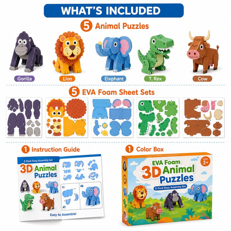 3D Zoo Animal EVA Foam Puzzle Set puzzle pieces and layout view