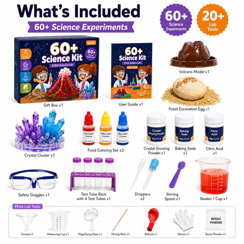 60+ Science Experiment Kit puzzle pieces and layout view
