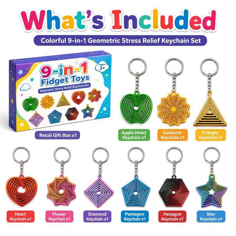 9-in-1 Geometric Fidget Keychain Set kit contents view