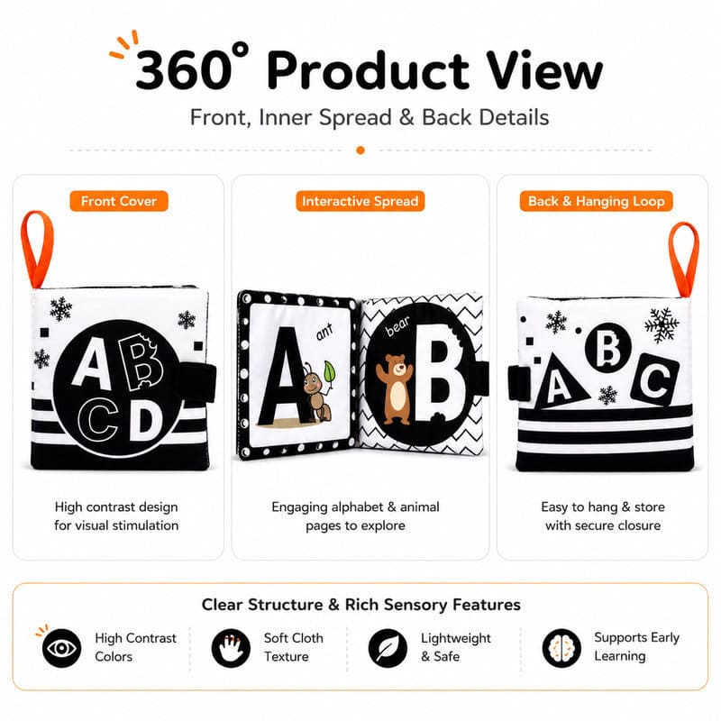 ABC Alphabet Black & White Cloth Book set contents view