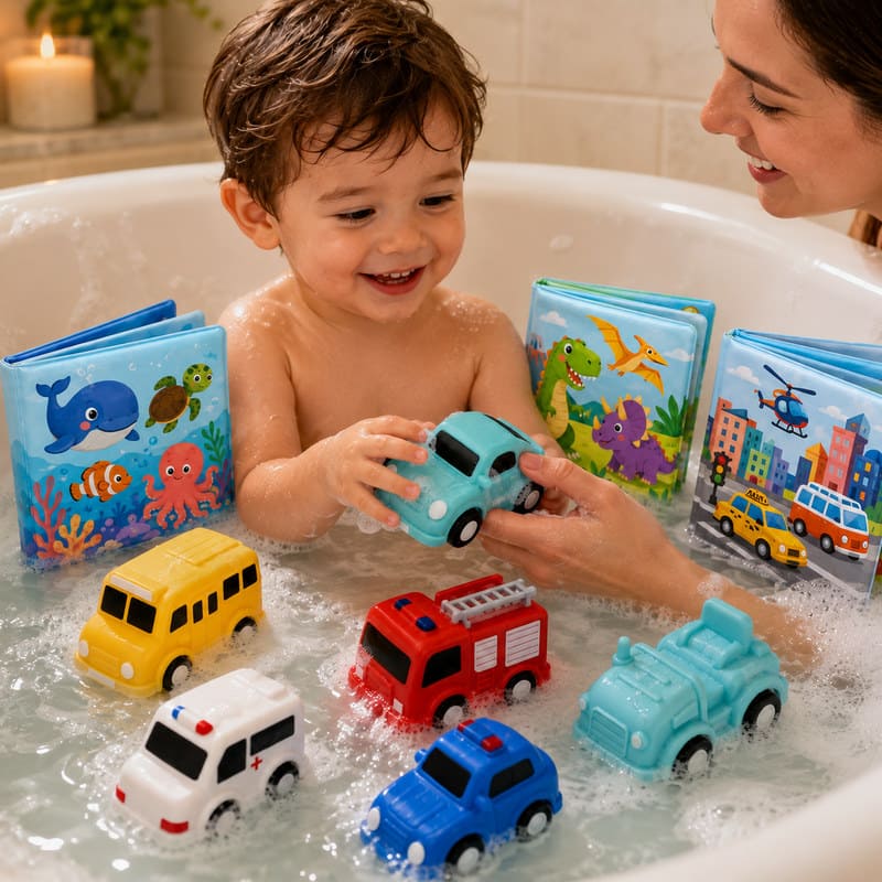 Custom Adventure Bath Book & Vehicle Toy Set – Waterproof Baby Bath Set custom artwork and logo detail