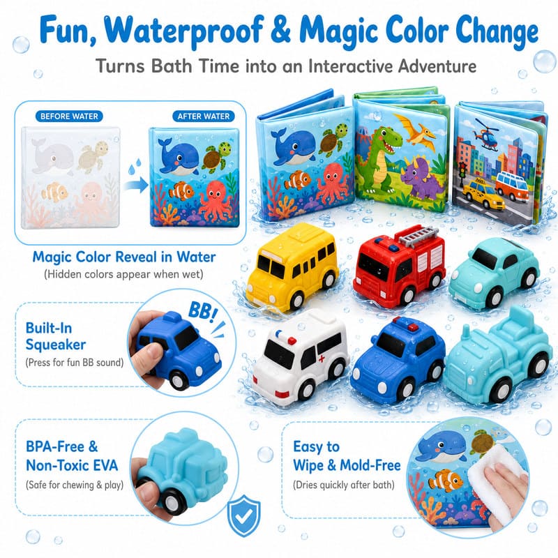 Custom Adventure Bath Book & Vehicle Toy Set – Waterproof Baby Bath Set size and dimensions