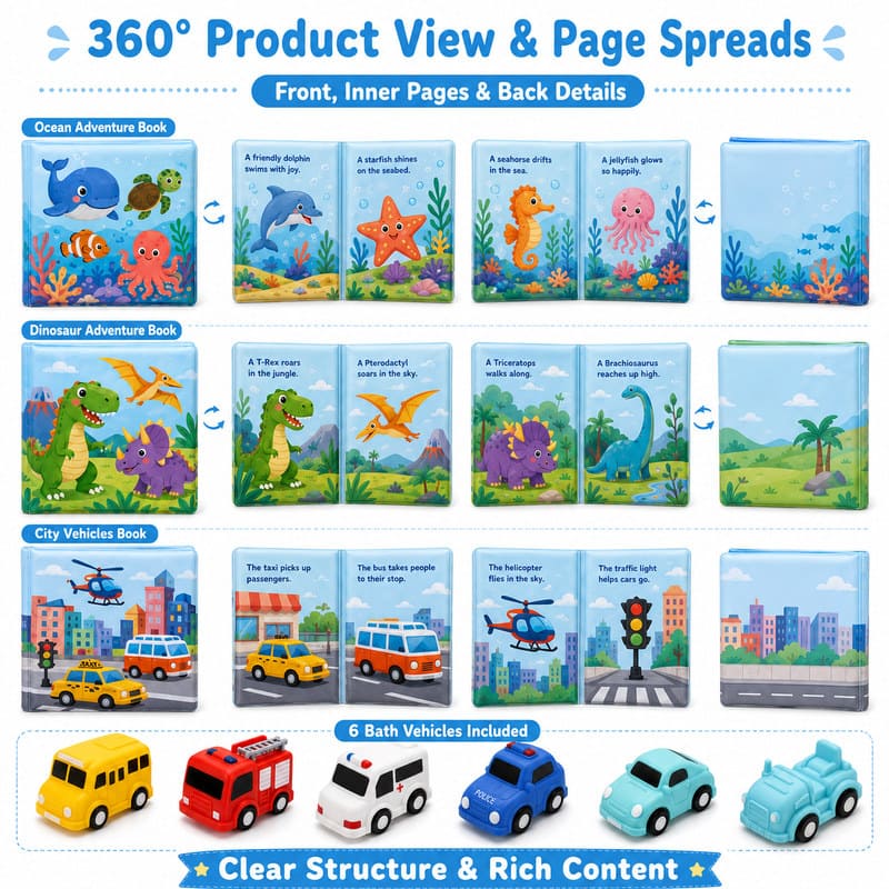 Custom Adventure Bath Book & Vehicle Toy Set – Waterproof Baby Bath Set cover and page view