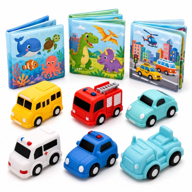 Custom Adventure Bath Book & Vehicle Toy Set – Waterproof Baby Bath Set front view
