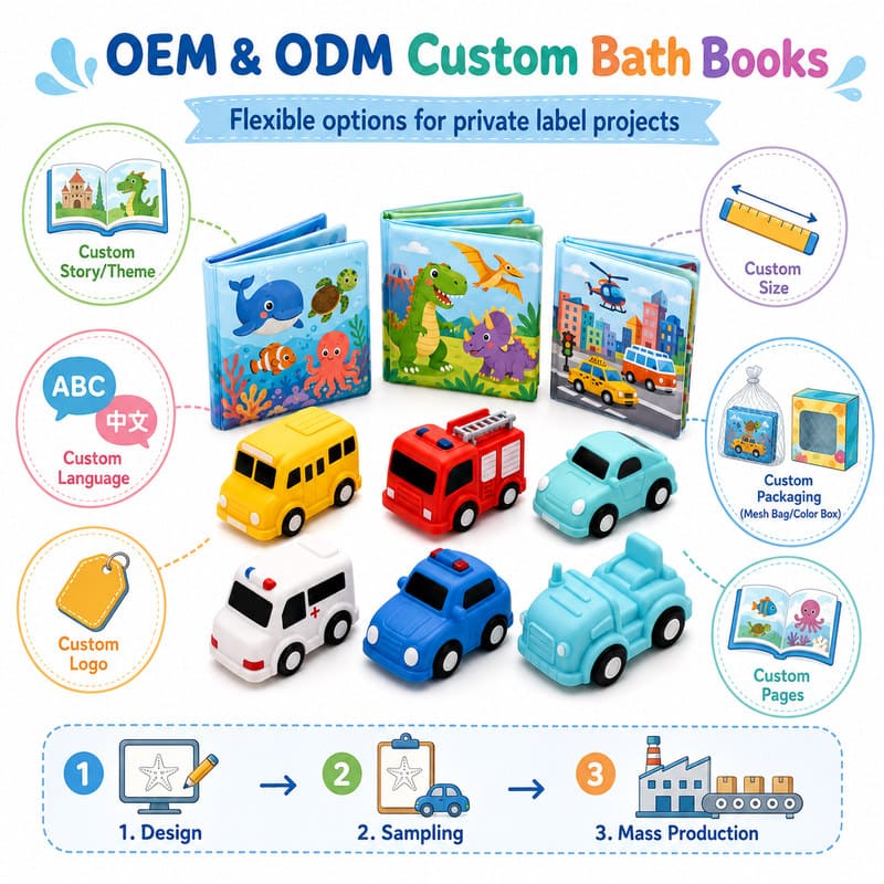 Custom Adventure Bath Book & Vehicle Toy Set – Waterproof Baby Bath Set interactive feature detail
