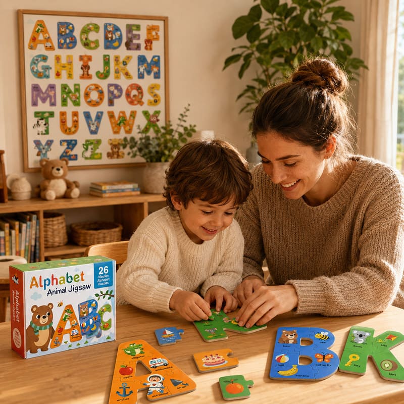 Alphabet Animal Wooden Jigsaw Puzzle Set completed puzzle view