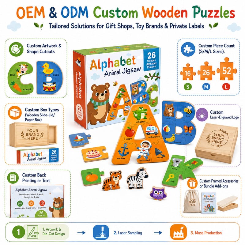 Alphabet Animal Wooden Jigsaw Puzzle Set board and material detail