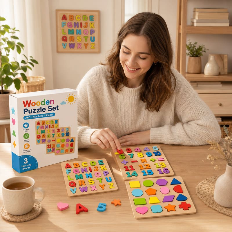 Alphabet & Numbers Wooden Learning Puzzle Set completed puzzle view
