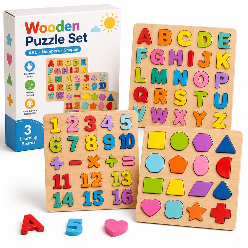 Alphabet & Numbers Wooden Learning Puzzle Set front view
