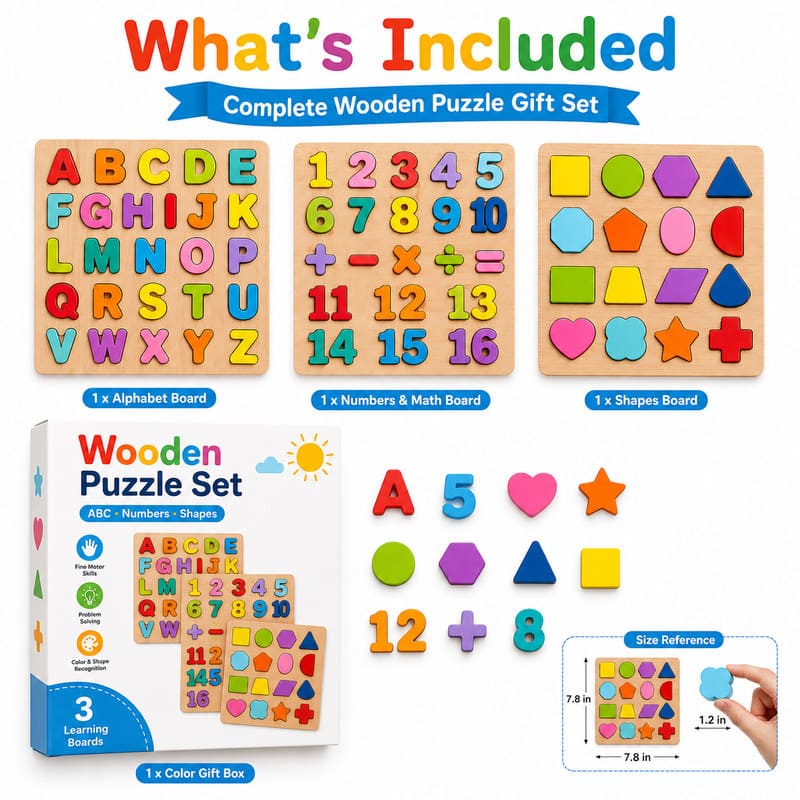 Alphabet & Numbers Wooden Learning Puzzle Set puzzle pieces and layout view
