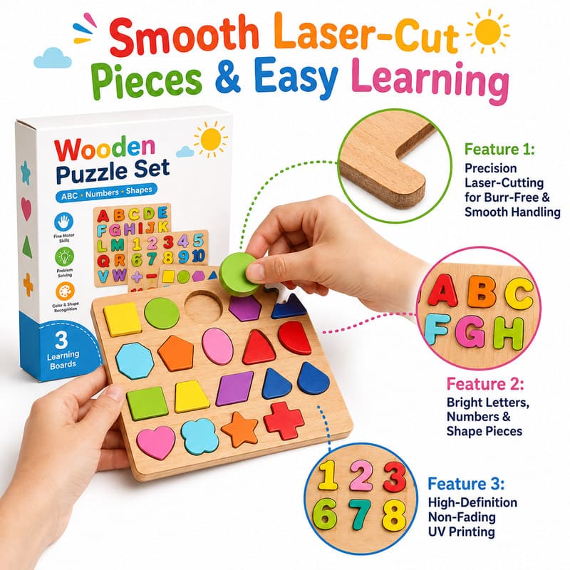 Alphabet & Numbers Wooden Learning Puzzle Set size and dimensions